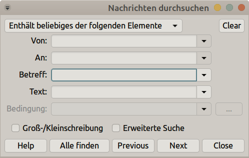 Claws Mail Nachrichtensuche – mit engl. und dt. Buttons